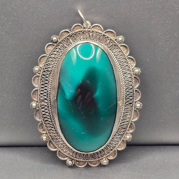 Jerusalem Silver Jewelry - VTG Victorian Revival Jerusalem 925 Silver Pendant 2.75" Green Glass Cabochon